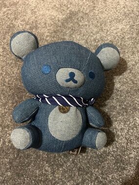 Denim Blue Plush Bear with Striped Scarf - Kids Stuffed Animal
